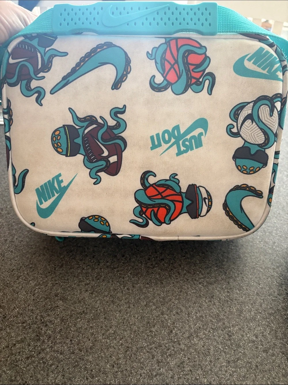 Nike Kids Teal and Beige Graphic Lunch Tote - Just Do It Print